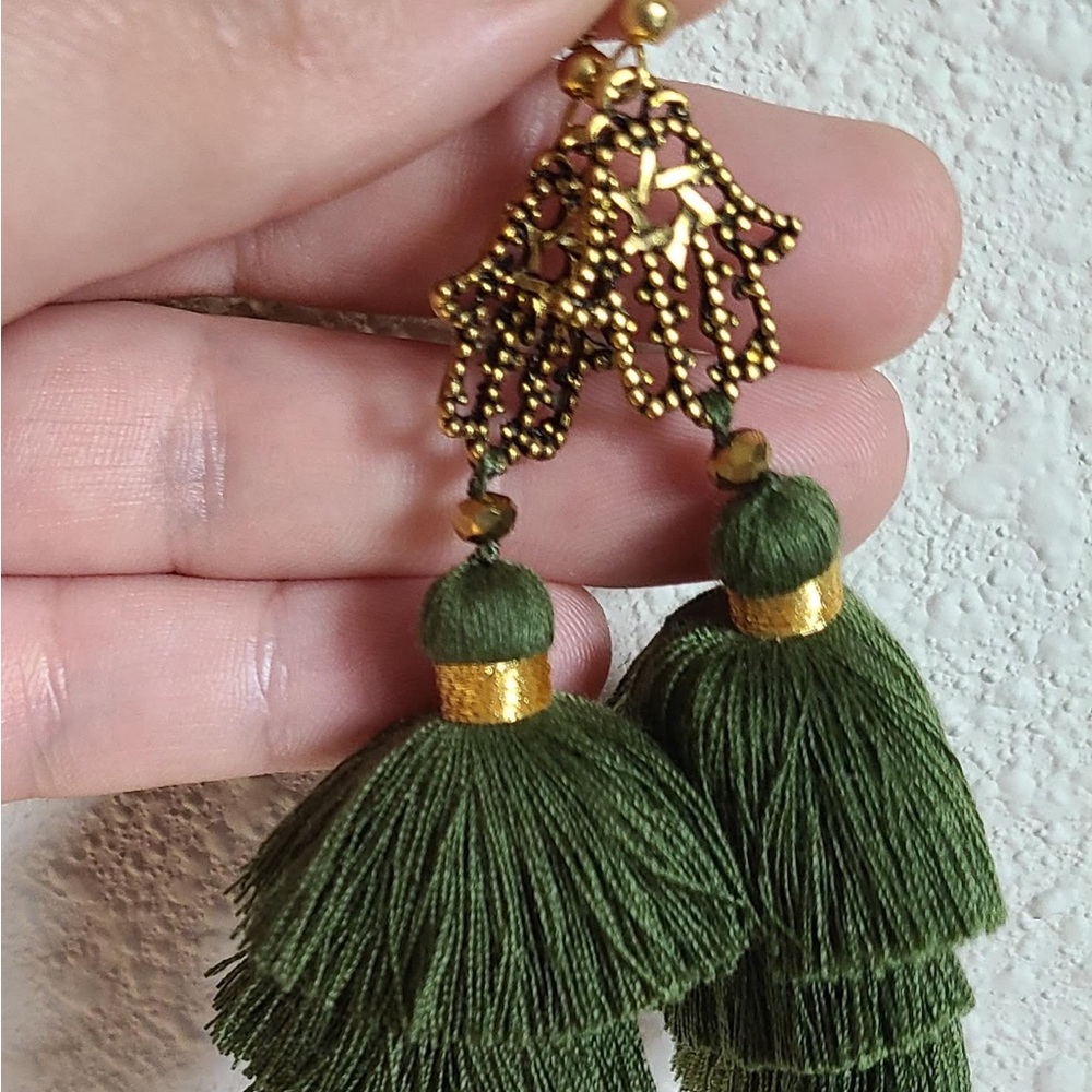 New Hamsa Hand & Star of David Earrings – Brass Finish with Green Tassel